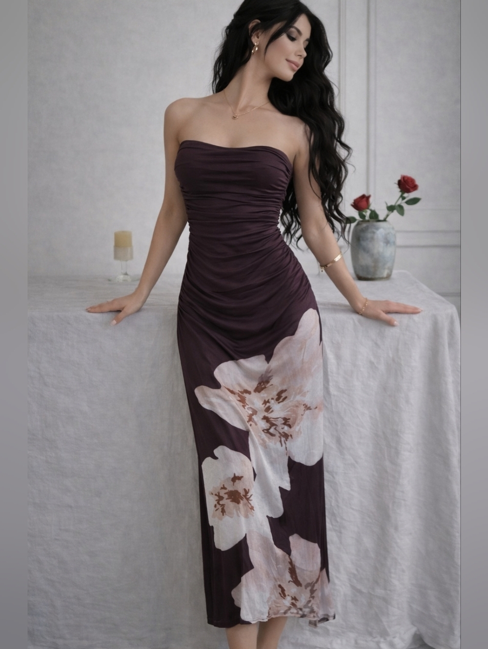 NWT Commense Strapless Chocolate Brown Floral Ruched Maxi Dress XS Pink Spring